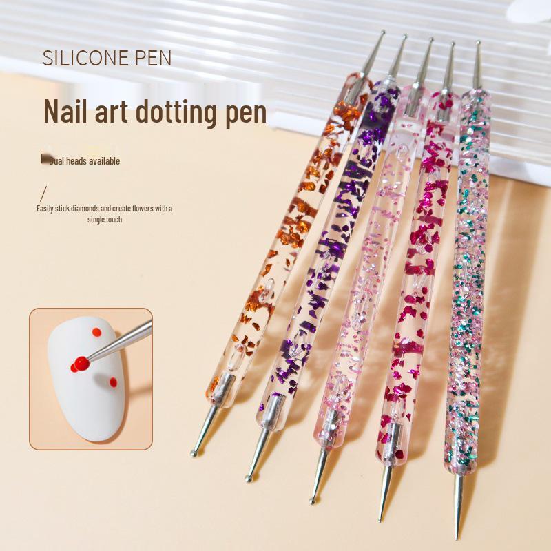 5-Piece Double-ended Nail Art Dotting Pen Set for Rhinestones, Flowers, Beads with Loose Powder, Sequins, and Flower Sticks