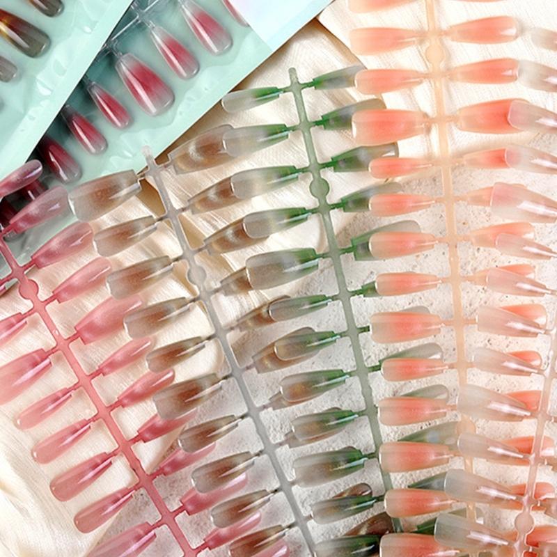 Pack of 30 Coffin False Nails Long Crystal Press On Cat Eyes Gradient Reusable Stick On Nails for Women Girls