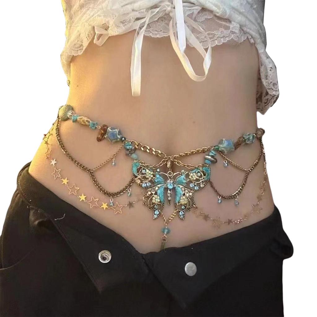 Rhinestones Waist Belt Stylish Multilayer Butterfly Waist Chain Elaborate Chain Belly Chain for Belly Dance Waist Chain