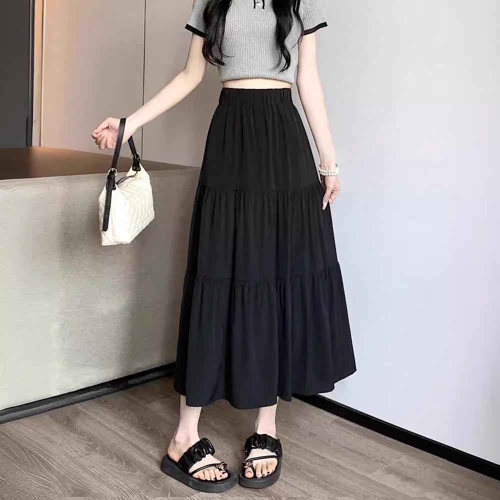 White Women's Skirt 2024: Elastic High-Waist Slim Fit, Medium-Length, Spring/Summer Cake & Umbrella Design