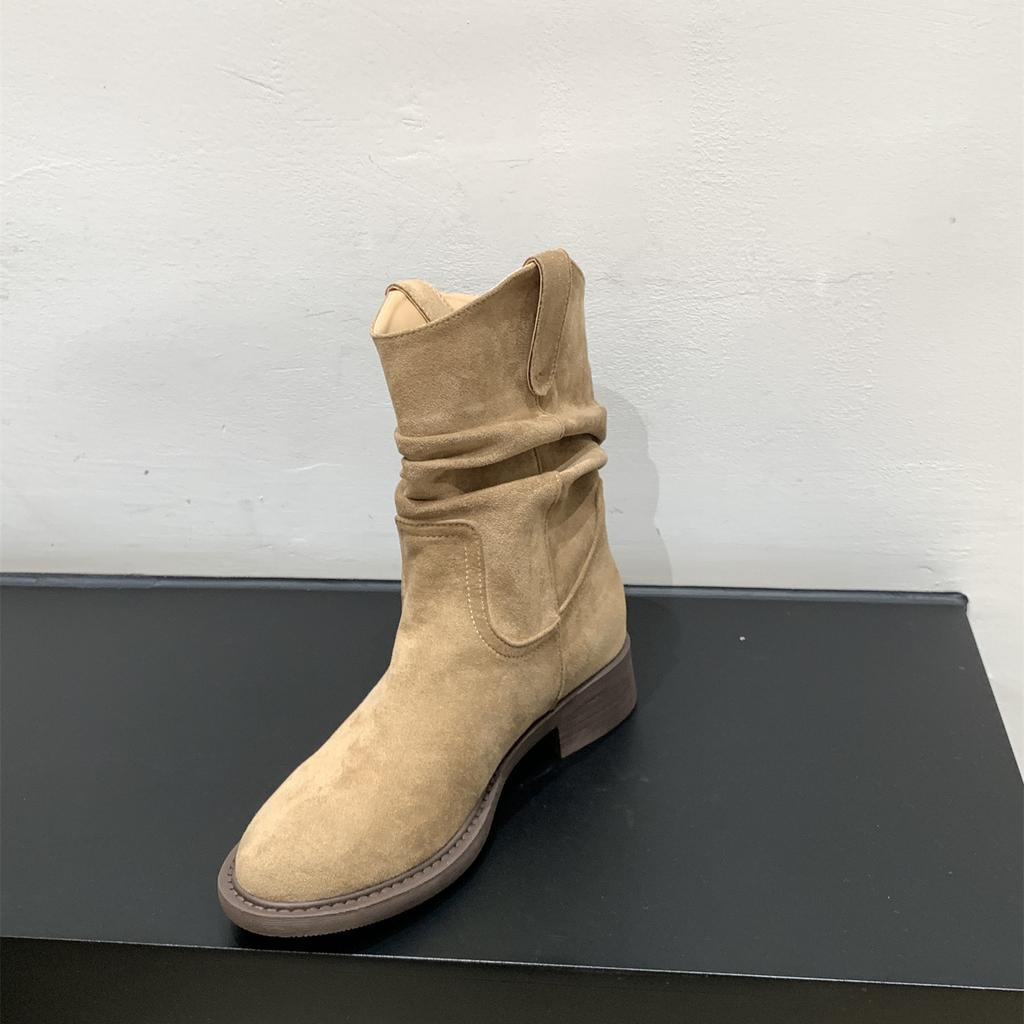 Stövel med tjock sula och V-ringning som slankar benet, damskor 2025 vår och höst, enkla stövlar, Western cowboy pile boots, kängor