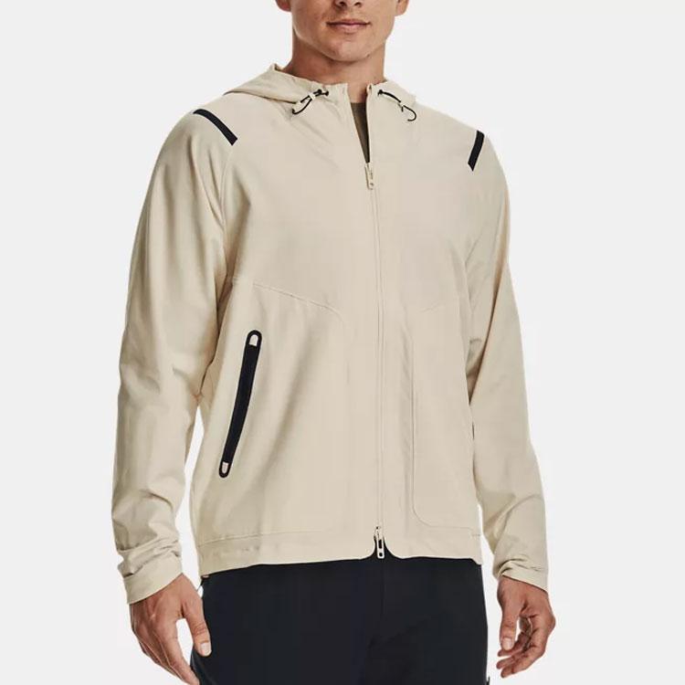 Under Armour Sun Protection Series Solid Zip-Up Drawstring Hooded Sports Training Woven Breathable Jacket Men Jackets Lime-White 1370494-279