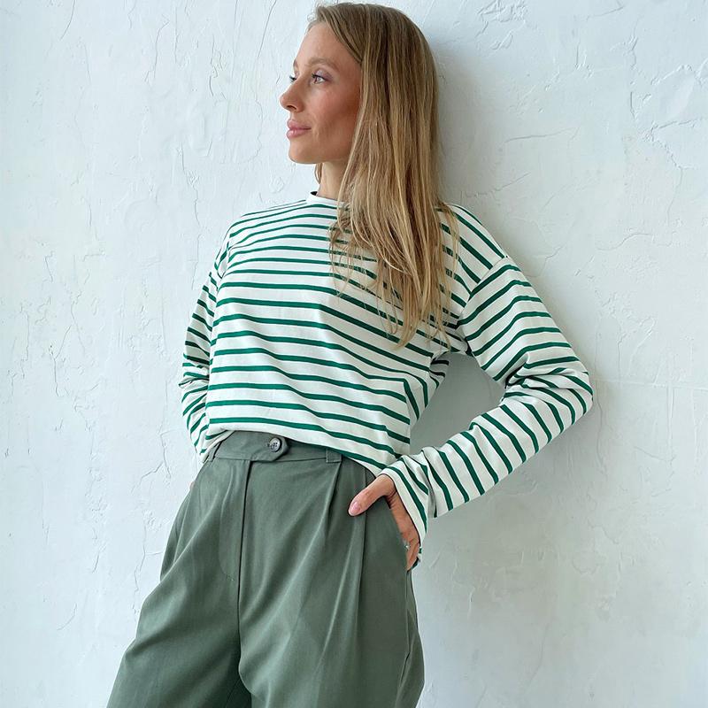 Cozy Loose Long Sleeve Striped T-Shirts Women Autumn Basic Casual Cotton Tops Round Neck Street Style Blouse