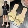 Classic Women Slippers Slides Mules Square Mid Heels Shoes Woman Solid Butterfly Knot Summer Slippers Plus Size
