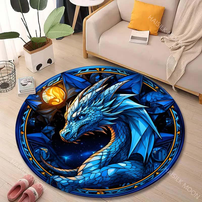 Multiple Sizes Blue Dragon, Starry Background Print Round Carpet Living Room Bedroom Table Chair Sofa Decorative Carpet