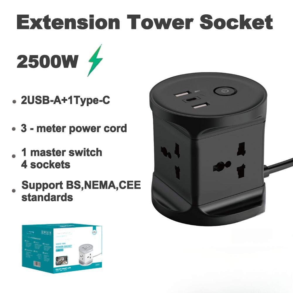 Multi-Function Conversion Plug Extension Tower Socket with USB+Type C Surge Protector Multi Plug Extension Cord Power Strip