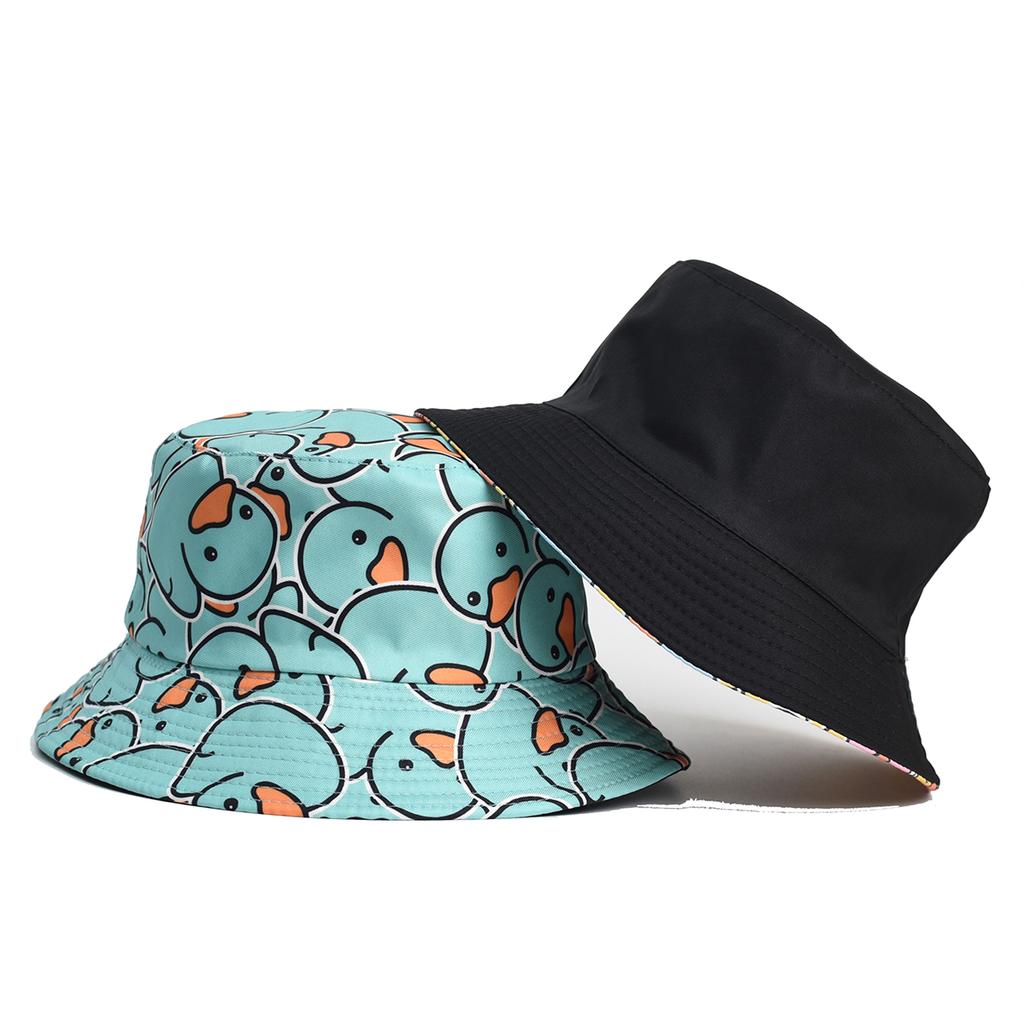 Cartoon Duck Bucket Hat Cute Printing Fisherman Hats For Men Women Double Sides Panama Cap 58Cm Summer Outdoor Sun Caps