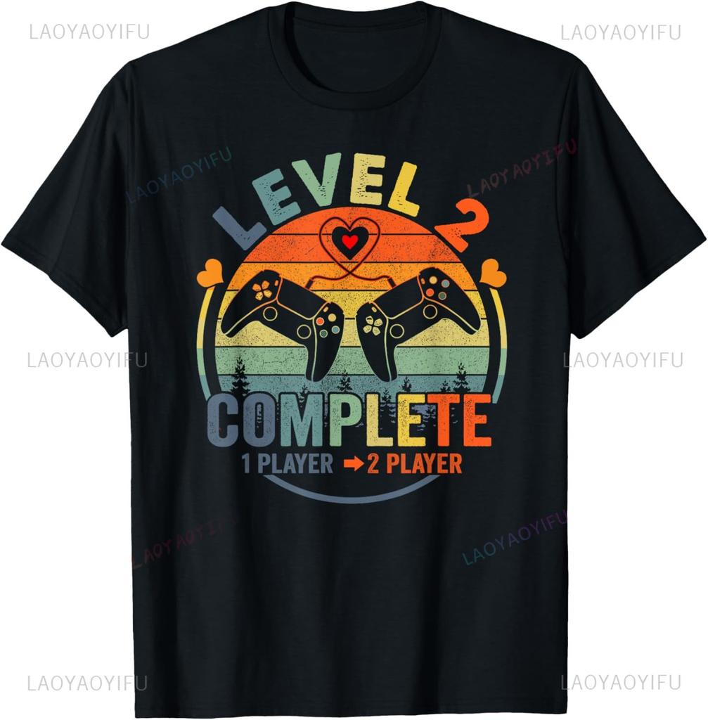 Gamer 2nd Wedding Anniversary Level 2 Complete Anniversary Tshirt Custom Printed Graphic T Shirts Vintage Clothes Camisas