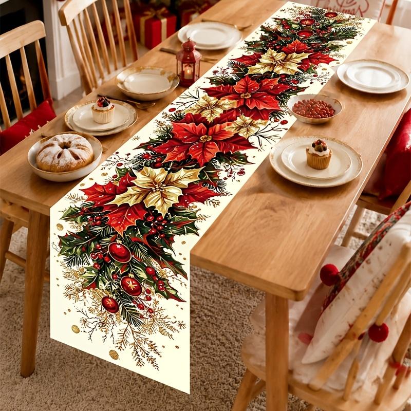 Christmas Tablecloth Vintage Poinsettia Print Polyester Table Cover Farmhouse Dining Table Decor for Kitchen Holiday Party