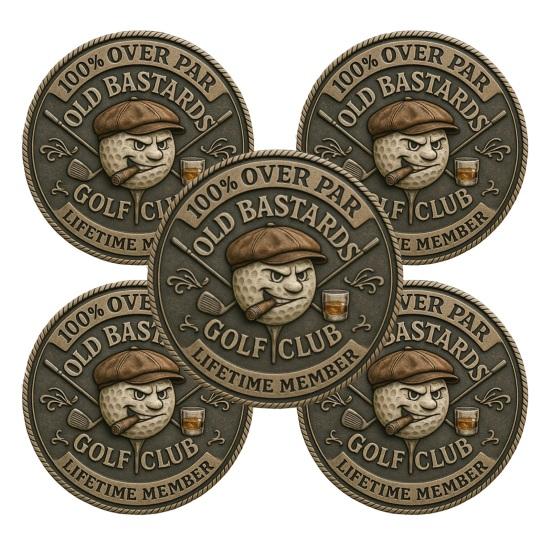 1/2/3/4/5Pcs Over Par Old Bastards Golf Coin Carving Whiskey Men Golf Club Lifetime Member Challenge Coin Metal Souvenir Coin Badge Golfer Gag Gift