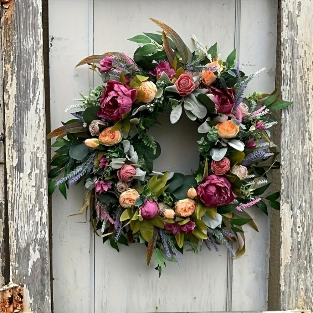Artificial Wreath Peony Rose Garland with Leaves Vine Spring Summer Front Door Hanging Wreath for Farmhouse Office Home Wedding