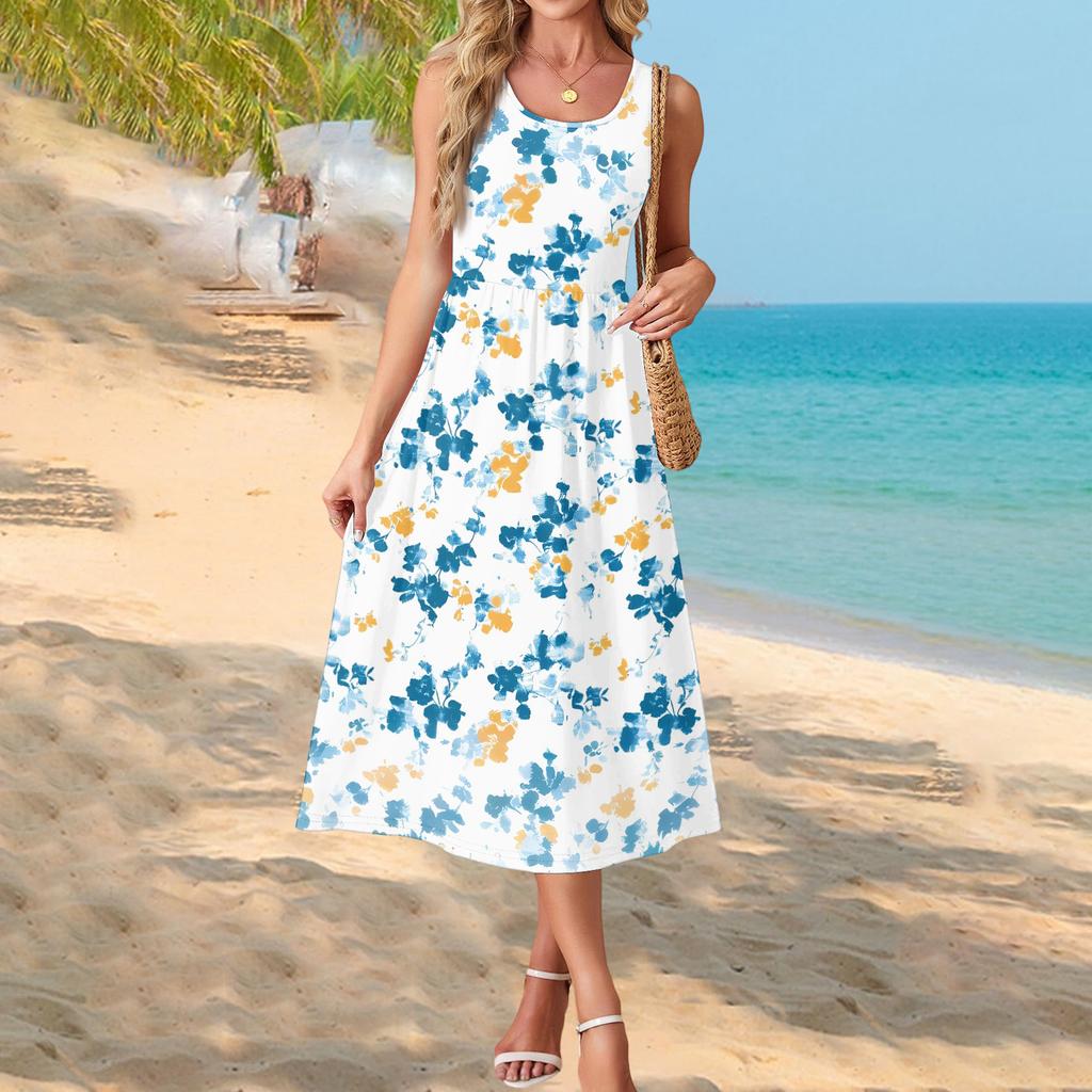 Sleeveless Floral Print Maxi Dress for Women Casual Loose Fit Summer Dresses for Women Uk Ladies Summer Dresses Uk