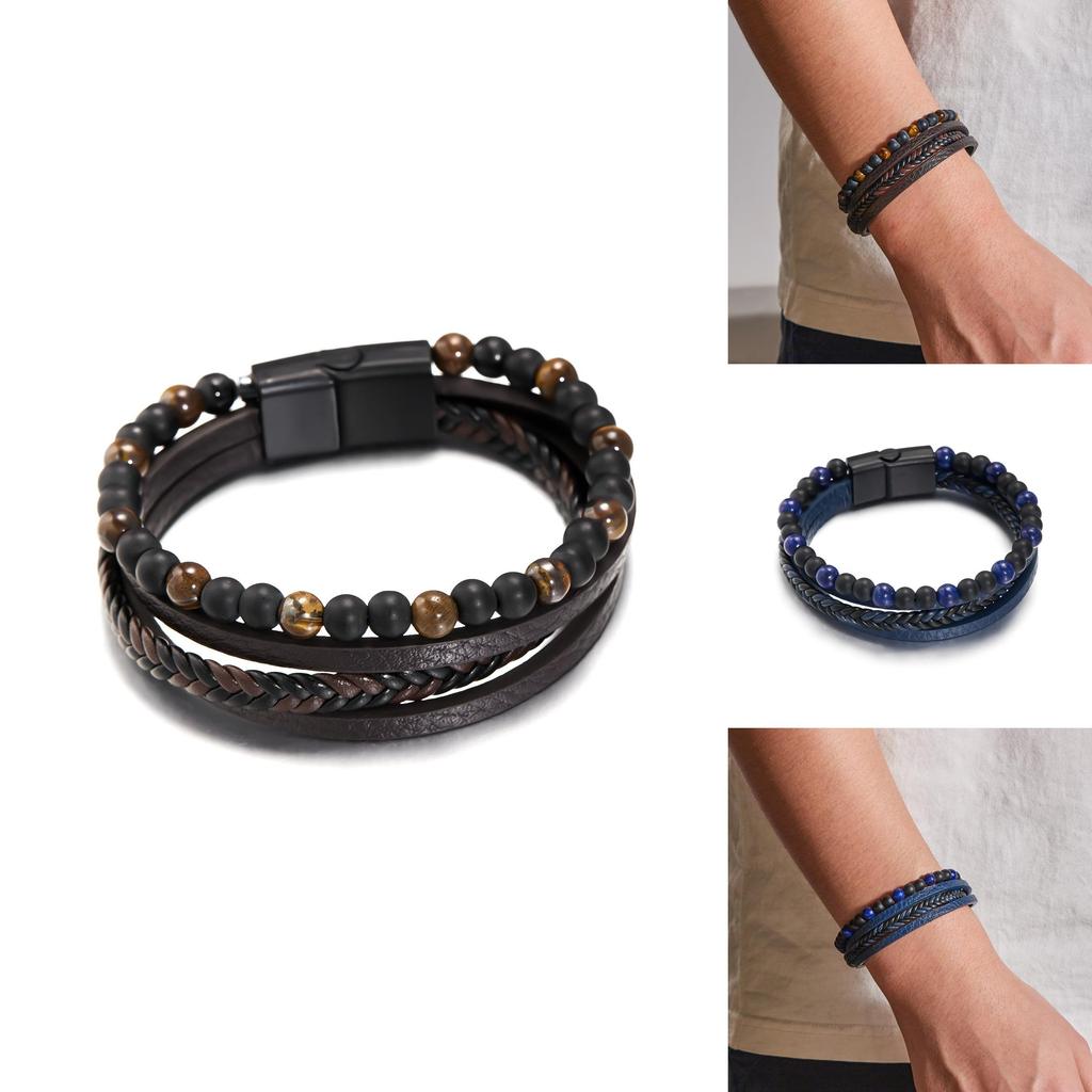 Geometric Style Mens Weaving Leather Wristband With Bead Design For Fashion And Travel
