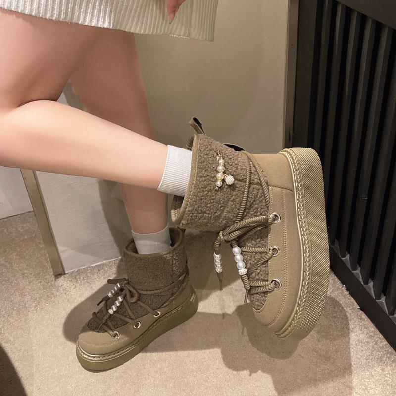 Mode Damen Flache Baumwollstiefel Winter Neu Runde Zehenpartie Ärmel Geldriemen Perlenbesetzt Rutschfest Bequeme Kurze Schneestiefel