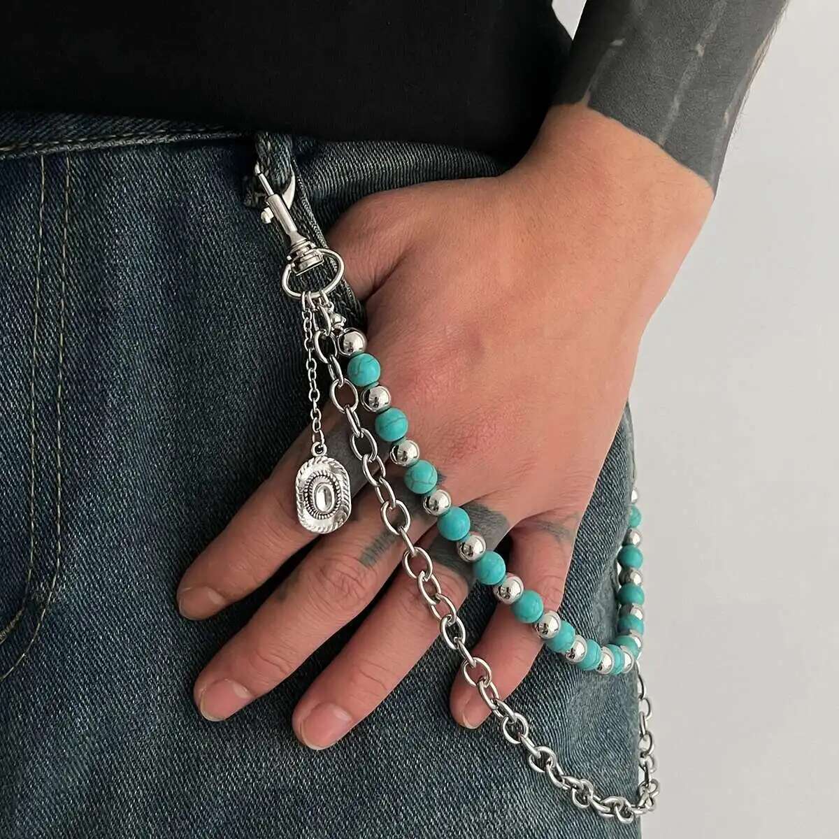 

Salircon Punk Blue Stone Bead Waist Jeans Pendant Chain For Men Women Hip-hop Pants Keychains Y2K Accessories Jewelry Gifts