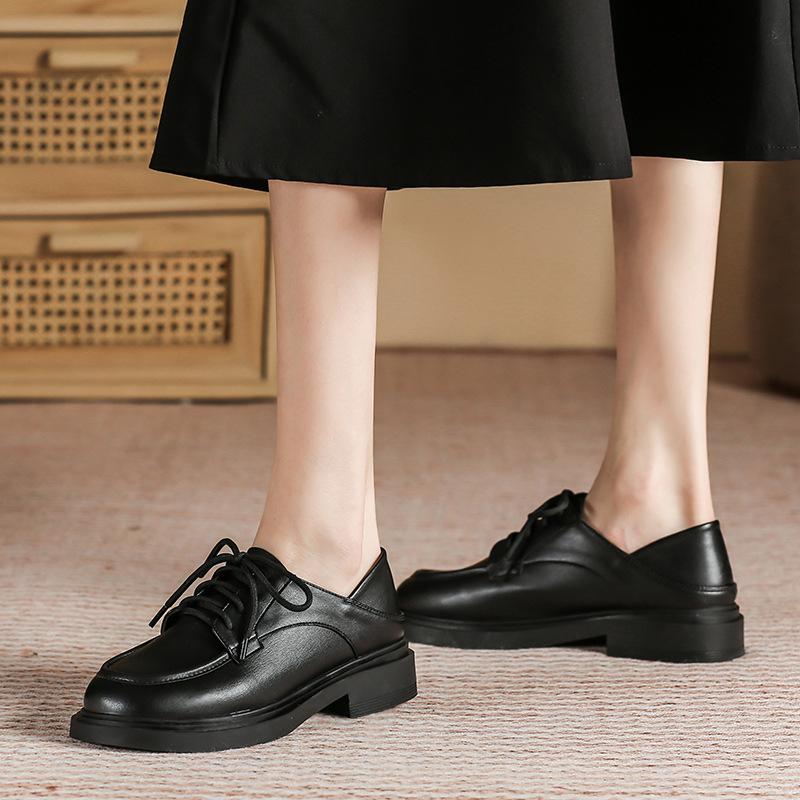 Leather flat for Huizhou women's shoes Su Yinyin same small leather shoes lace up black retro round head loafers