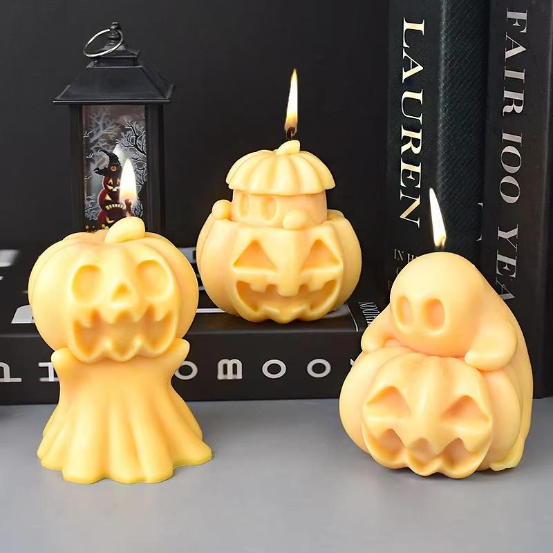 3D Bull Horn Pumpkin Candle Silicone Mold DIY Dark Ghost Pumpkin Combination Gypsum Resin Mold Halloween Gift Making Tool