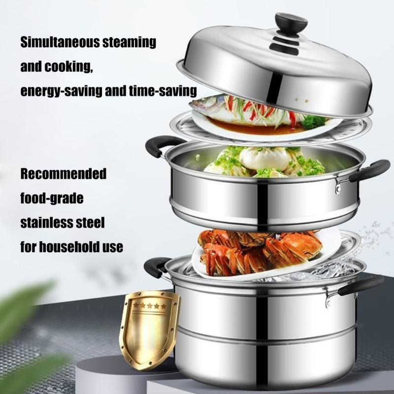 Multi Layer Steamer Steaming Pot Thickened Stainless Steel Construction Cookware with Steam Rack Kitchen Accessories