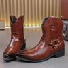 Mens Fashion Black Brown Pointed Punk Motorcycle Casual Ankle Boots Winter High Top Comfortable Chelsea Leather Shoes New Trendy