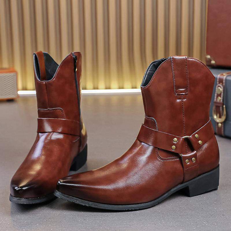 Mens Fashion Black Brown Pointed Punk Motorcycle Casual Ankle Boots Winter High Top Comfortable Chelsea Leather Shoes New Trendy