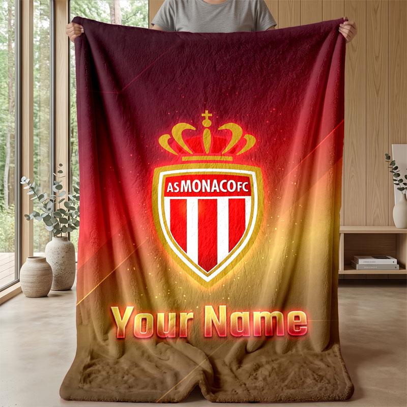 Monaco FC Custom Name Text Flannel Blanket Soccer Logo Personalized Fleece Throw Blanket Special Gift For Sofa Bedroom Home