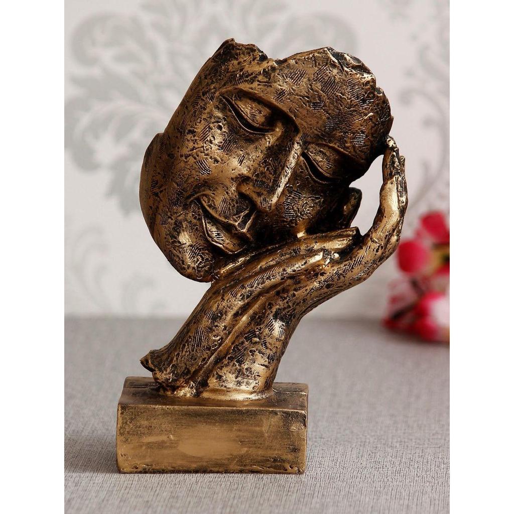 CraftIndia Golden Resin Human Face Statue Sleeping On Hands Decorative Showpiece for Home Decor Living Room Bedroom|
