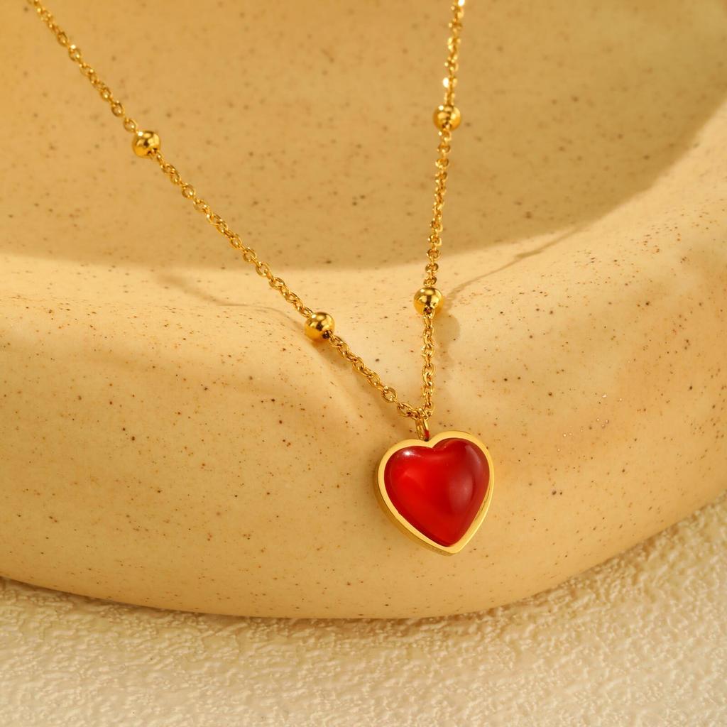 Vnox  Red Heart-shaped Pendant Necklace For Women Luxury High Quality Stainless Steel Bead Chain Collar Charms Jewelry Gift