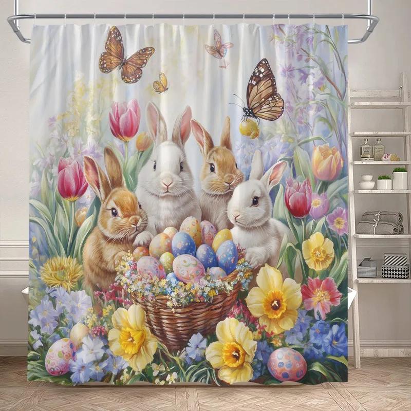 Funny Easter Shower Curtains Cute Cat Rabbit Eggs Butterfly Tulip Flowers Rustic Fabric Home Bathroom Curtain Decor With Hooks