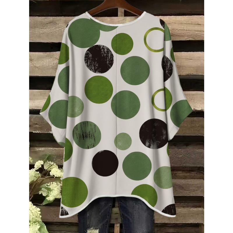 Women's Summer Fashion Comfortable Round Neck Green and Black Round Pattern Print Stylish Round Neck T-Shirt - Machine Washable