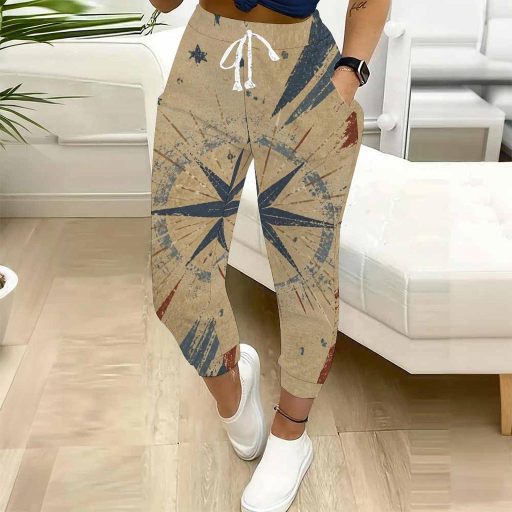 Women Plus Size American Flag Printed Jogger Pants Drawstring Waist Side Pockets Cuffed Ankle