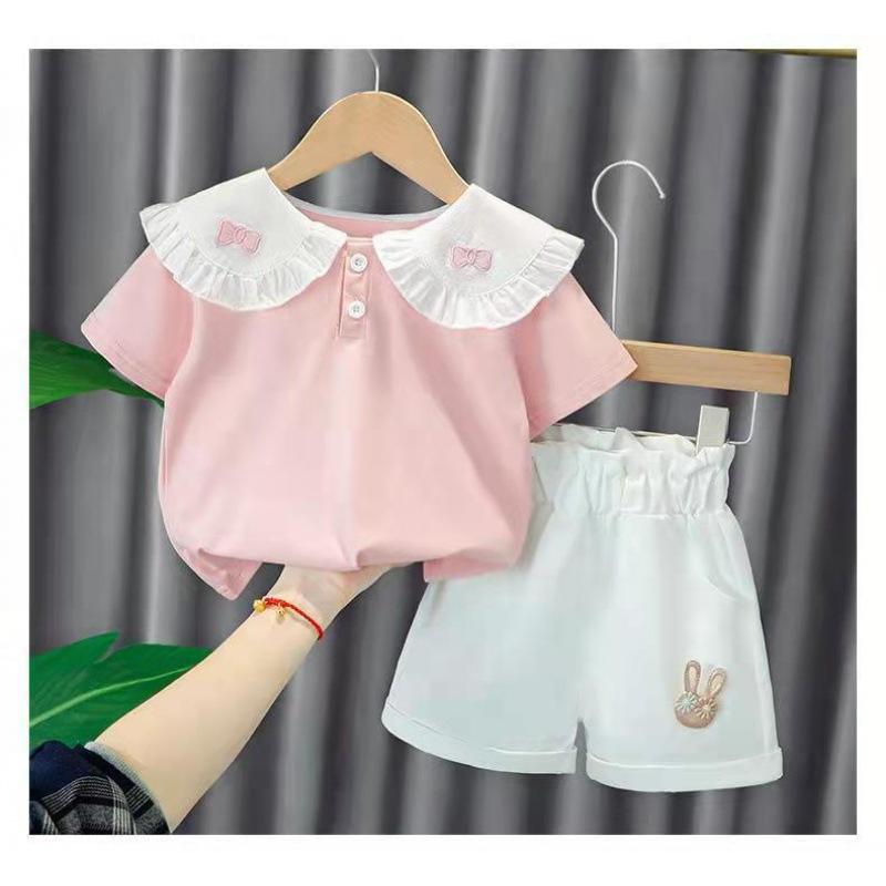 Summer Girls Cartoon Short Sleeve T Shirt And Shorts Set Casual Comfortable Two Piece Outfit For Kids 80cm