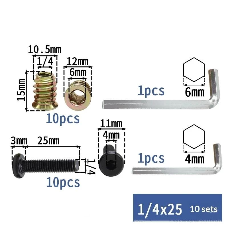 10/28Pcs Threaded Inserts For Wood Furniture Screws - 1/4-20 X25 Inserts And Bolts-Hexagon Drive - 1/4-20X25 Threaded Nuts