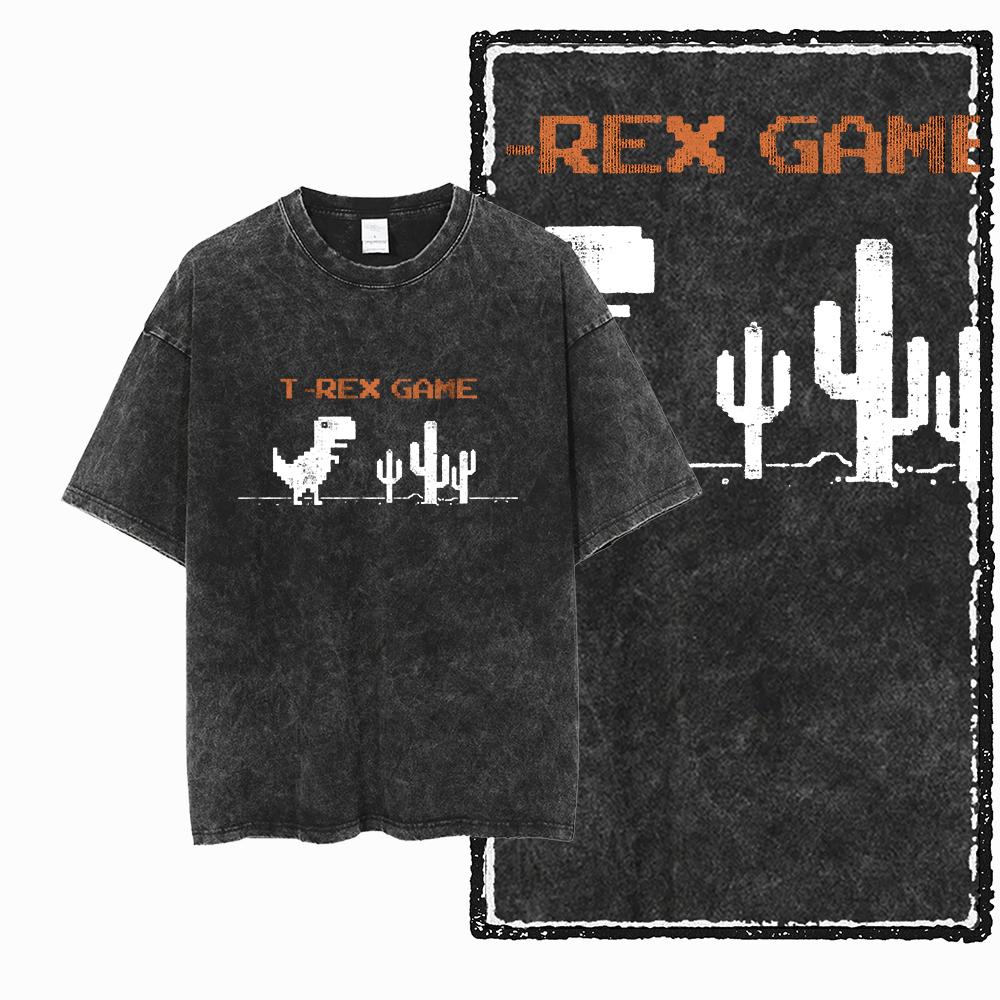 ZH DINO GAME THEME Printed Cotton Acid Washed Exclusive Graphic Unisex T Shirt Cool Streetwear Men Tshirts Big Size Tee for Men