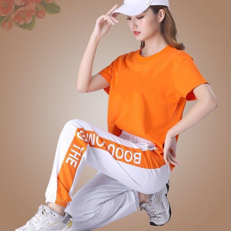 Summer new running refreshing and comfortable solid color sportswear crew neck design women's fashion simple two-piece set