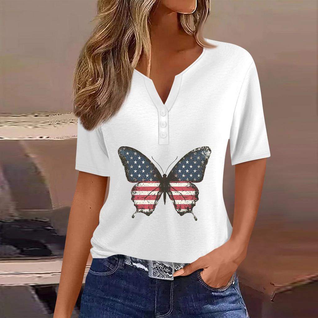 Women's T Shirt Tee Independence Day Print Button Short Sleeve Daily Weekend Fashion Basic V-Neck Regular Top