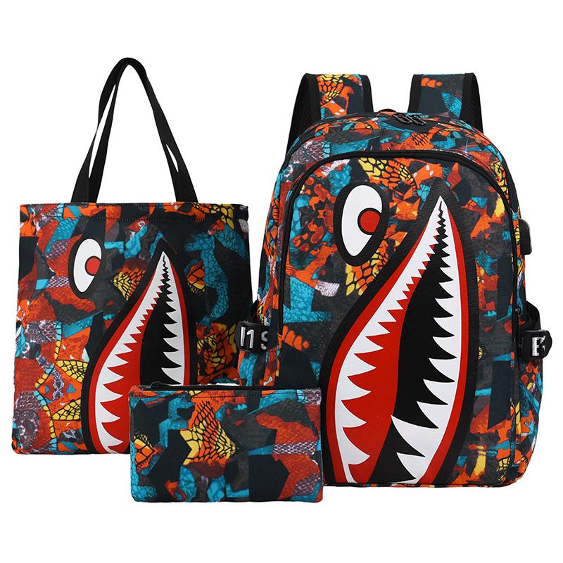 Cute Shark Set Schoolbag New Personalized Creative Men's and Women's Backpack Junior High School Campus Three-piece Backpack