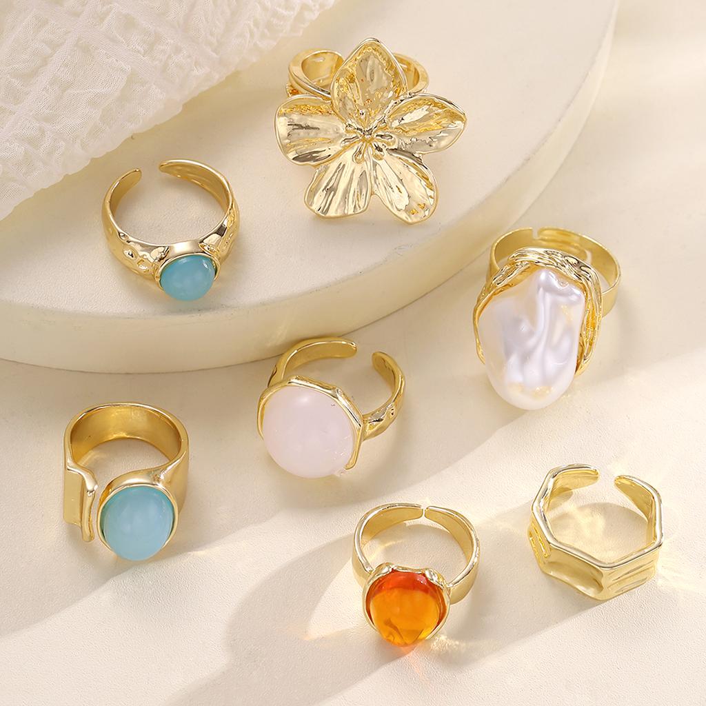 5/7Pcs/Set Vintage Acrylic Gemstone Rings Sets For Women Geometric Irregular Gold Color Flower Rings Fashion Adjustable Jewelry