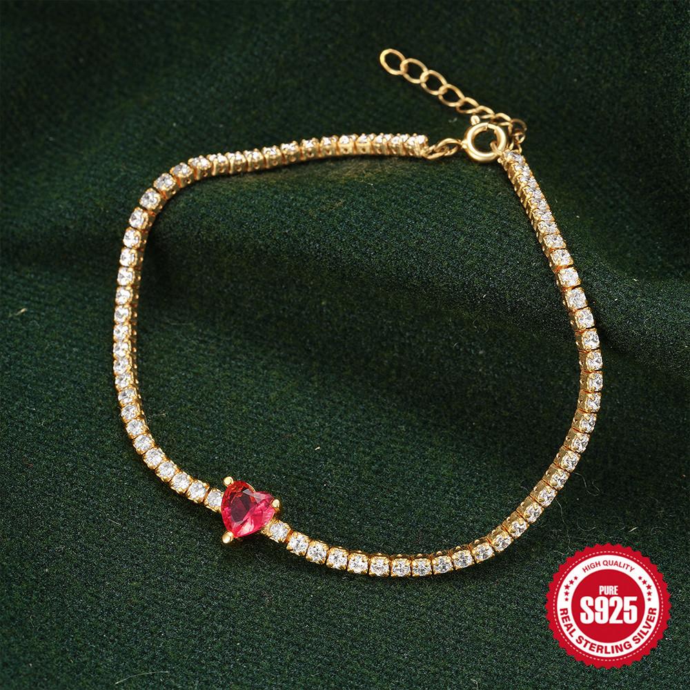 Luxury Colored Diamond S925 Sterling Silver Tennis Ball With Diamonds Retro Red Love Cz Wedding Gift Women'S Bracelet