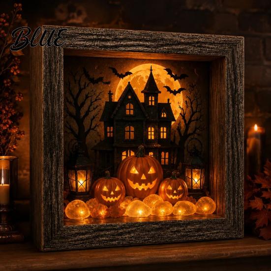 Gothic Shadow Box Night Light DIY Lighted Halloween Ghost Kit Wooden Frame LED Warm Light 3D Picture Craft Kit Memory with Crystal Glass Panel,