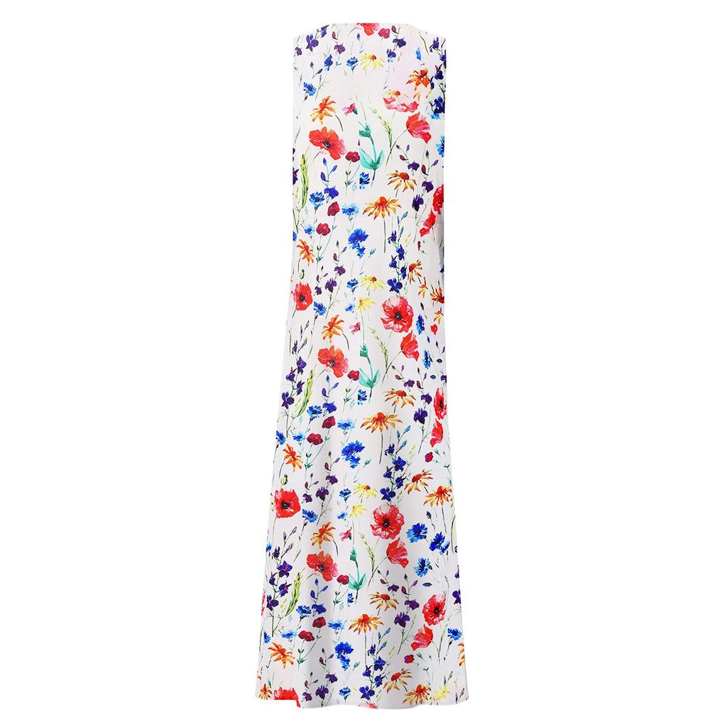 Women's Summer Casual Round Neck Printed Sleeveless Dress With Pockets