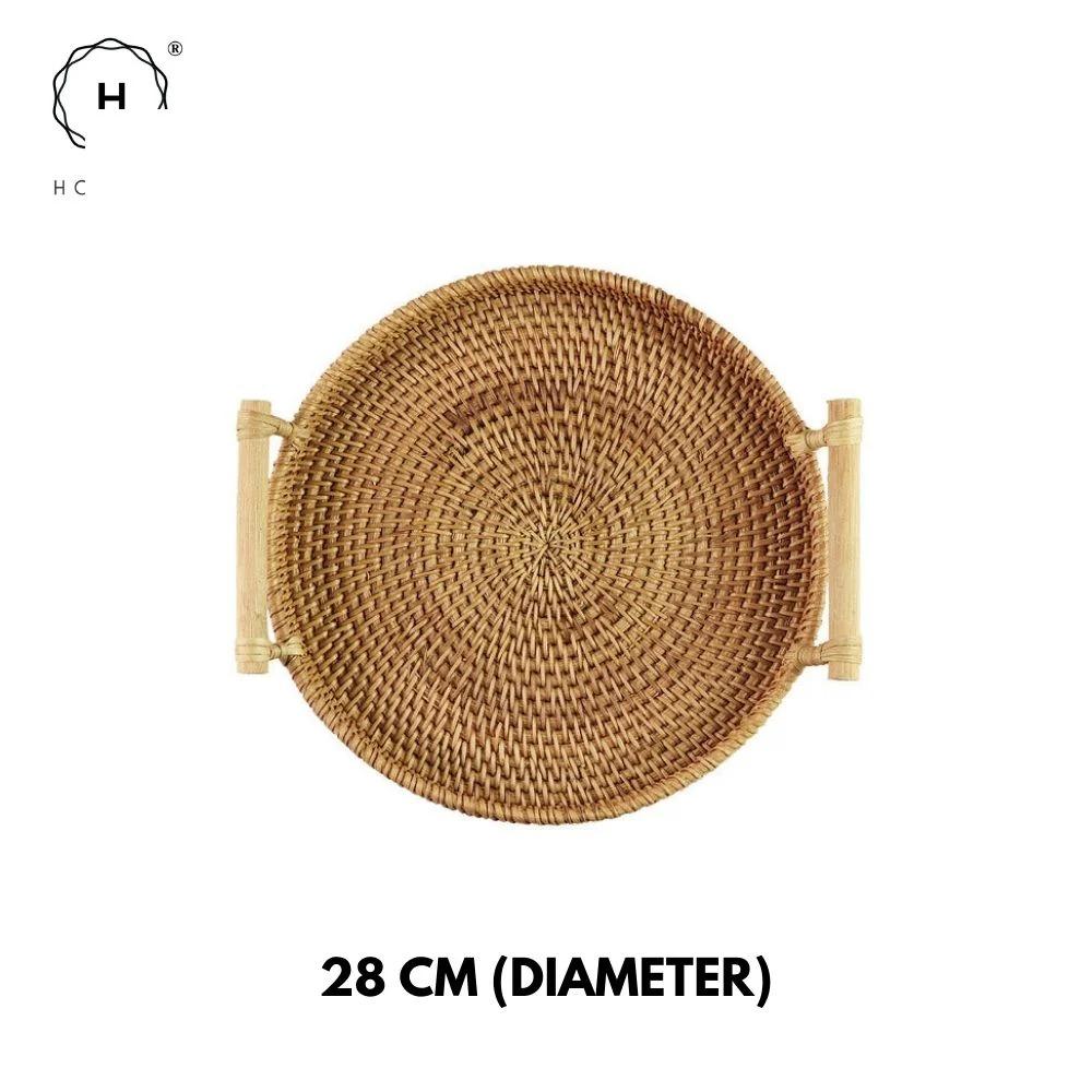 Поднос для сервировки Homlly круглый из ротанга с ручкой коричневый