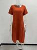 Summer 2025 Cotton Linen Solid Color Loose Fit Short Sleeve Dress