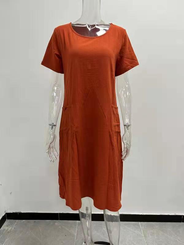 Summer 2025 Cotton Linen Solid Color Loose Fit Short Sleeve Dress