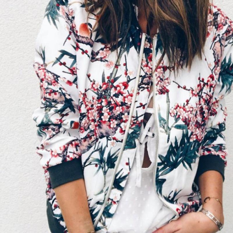 Women's Casual Floral Zip Up Bomber Jacket Coat Stand Collar Lightweight Short Outwear Tops New Round Neck Printed Fashion Zipper Jacket