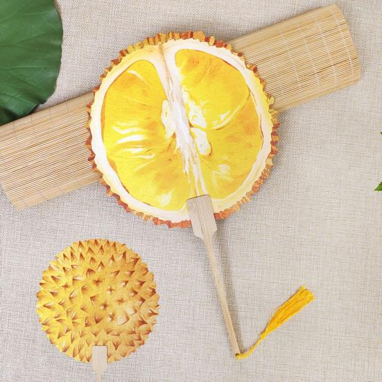 Fruit Print Fan with Wooden Long Handle Portable Lightweight Outdoor Travel Camping