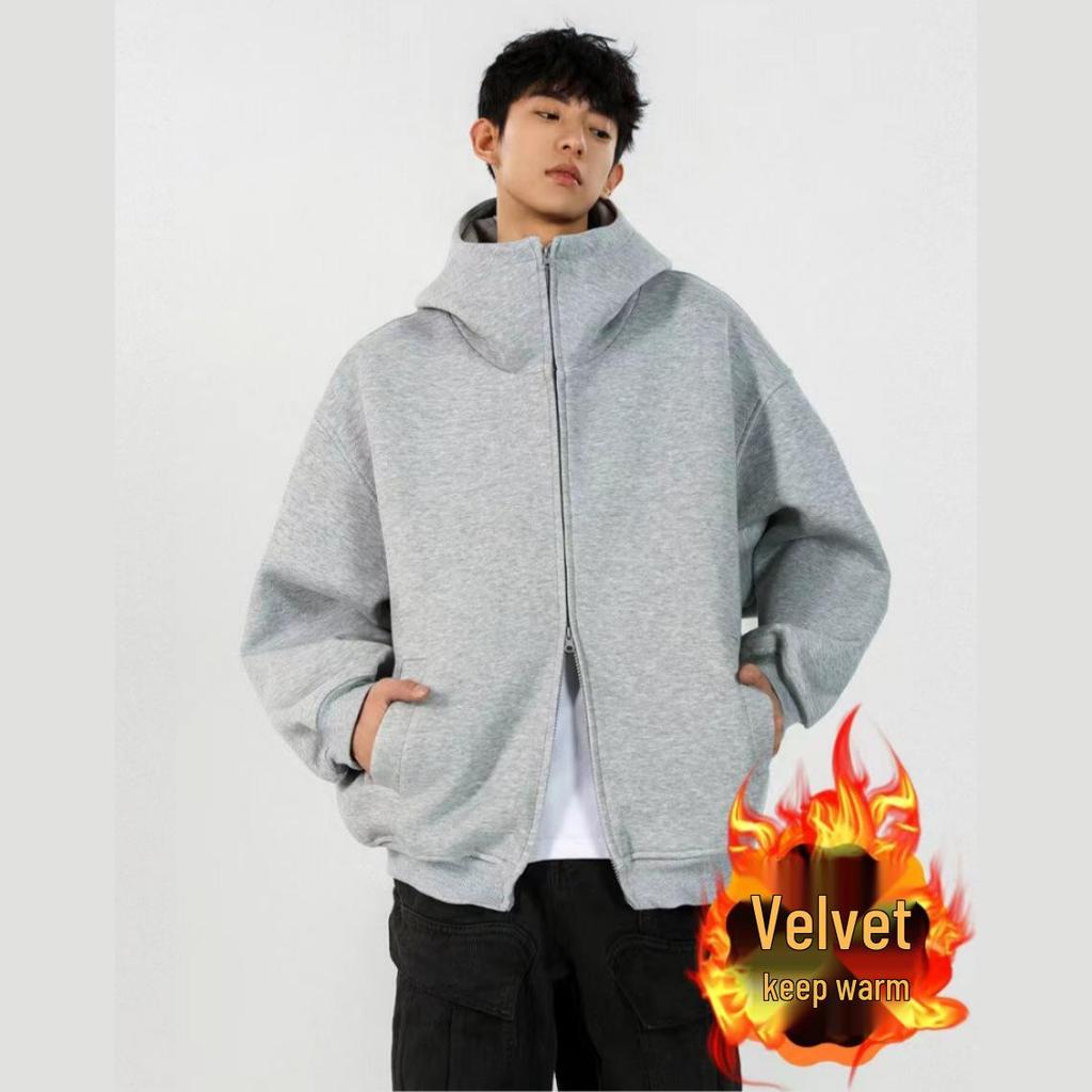Unisex Oversized Fleece-Lined Hoodie Cardigan: American Style Autumn/Winter Casual Jacket
