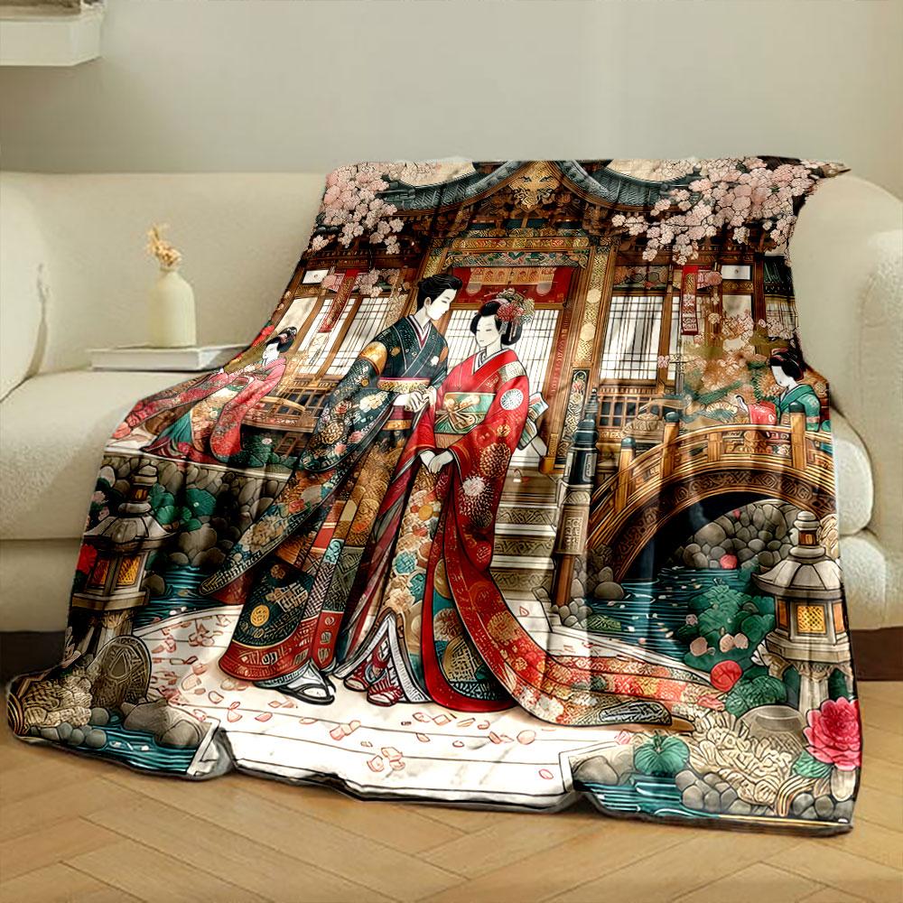 Japanese Kimono Couple in Cherry Blossom Garden print blanket soft and cozy perfect for the living room bed sofa or a nap,gift