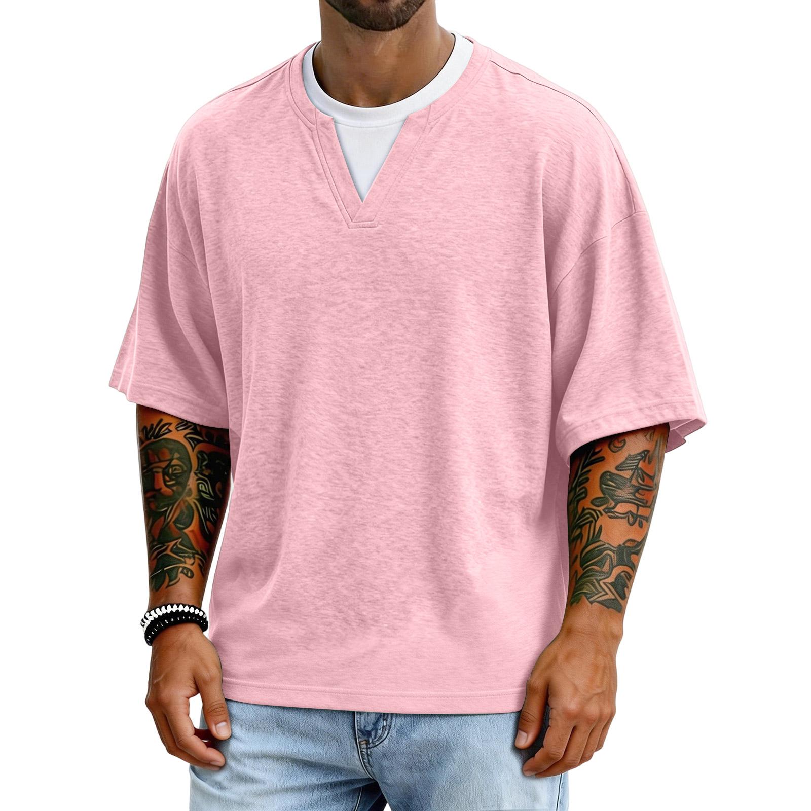 

Men s Casual Color V-neck Fake Two-piece Breathable Short-sleeved Top S рожевий