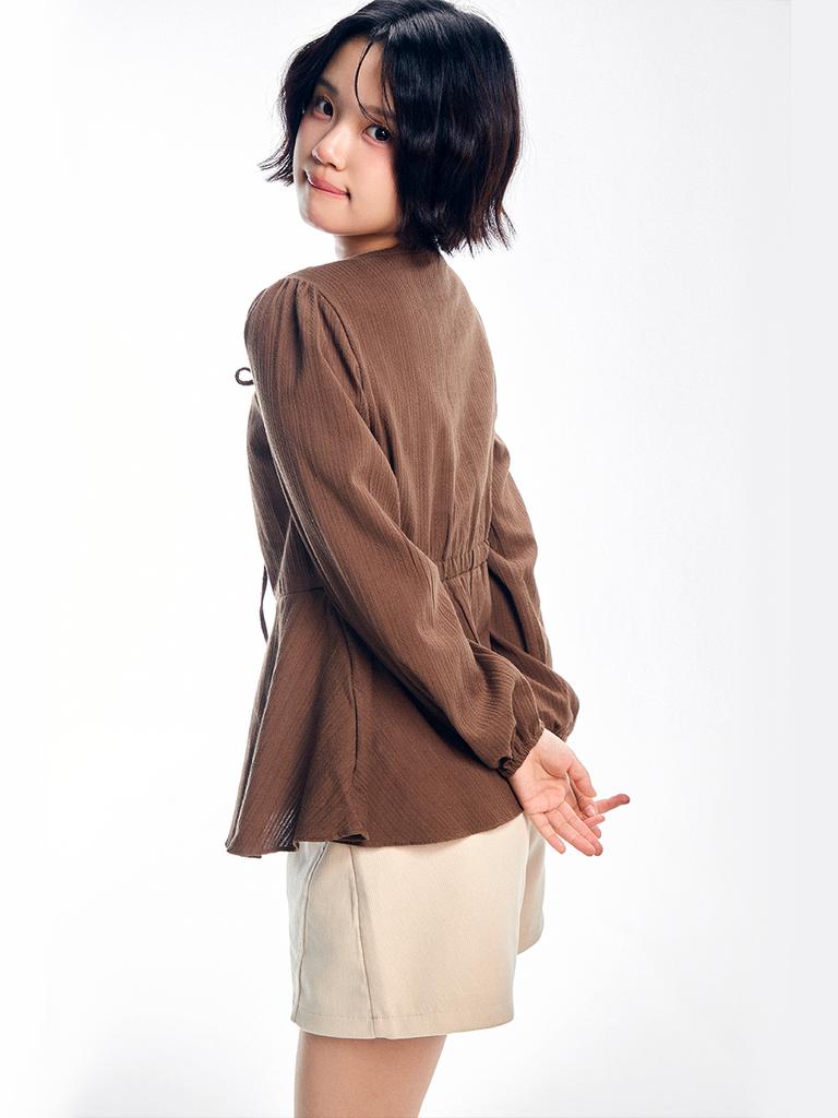 ADOREBELLE V-Neck String Ribbon Blouse - Brown