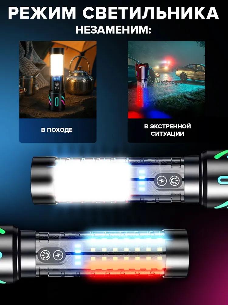 Long-range Rechargeable Flashlight With Built-in Battery, Fluorescent Strip, Red And Blue Flashing, Outdoor Flashlight.